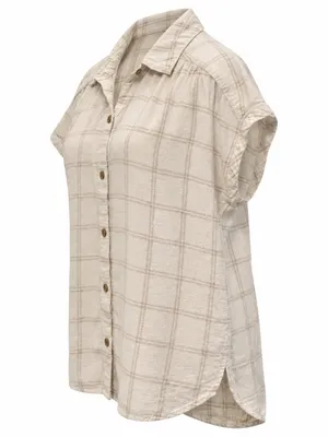 Women's Cream Plaid Button-Front Shirt - Lightweight Short Sleeve thumbnail 2