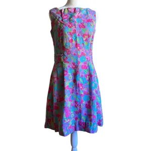 1960s Vintage Handmade Pink and Blue Floral Linen High Neck Shift Dress | Medium thumbnail 1