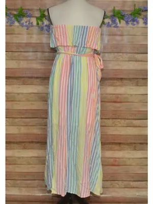 Emily Wonder Strapless Rainbow Stripe Ruffle Maxi Dress Size L Cruise Resort thumbnail 7