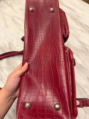 Red Croc Embossed Satchel Handbag 3 Buckle Pockets Structured Tote thumbnail 5