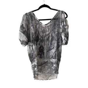 Sequin Women's Size Medium‎ Sheer Cold Shoulder Disco Lace Top Silver thumbnail 7