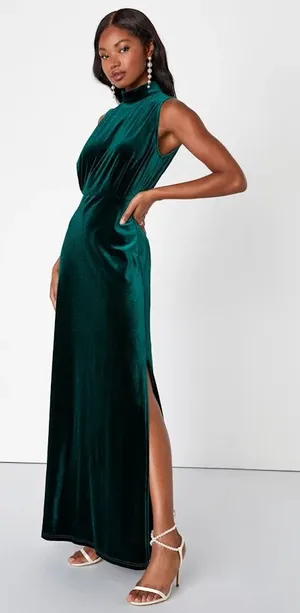 NWT Lulus Classic Elegance Emerald Velvet Sleeveless Mock Neck Maxi Dress Medium thumbnail 1