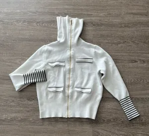 Marc New York Turtleneck Sweater Womens M Ivory White Full Zip Black Stripe Knit thumbnail 1