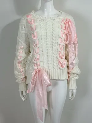 Women’s Ivory Chunky Cable Knit Sweater Pink Ribbon Bow Oversized Himekaji L thumbnail 1