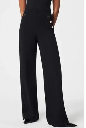 Spanx Ponte Button Front Wide Leg Classic Black High-Rise Waist Stretchy Trouser thumbnail 1