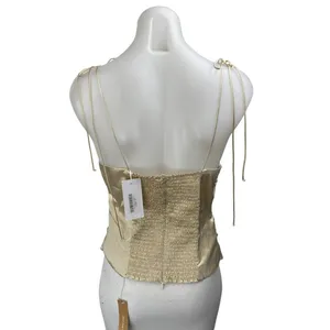 NEW Reformation Gold 100% Silk Sleeveless Cami Camisole Smocked Crop Tank Top 10 thumbnail 2