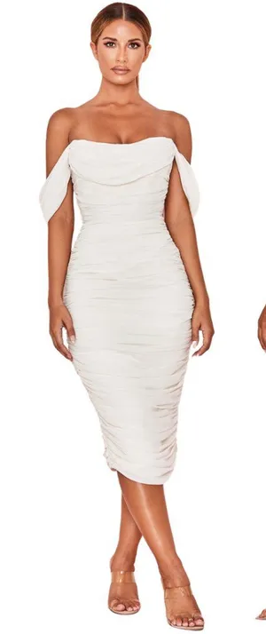 House of CB Carlotta Ruched Draped Chiffon Dress Womens XS Ivory Formal Cocktail thumbnail 1