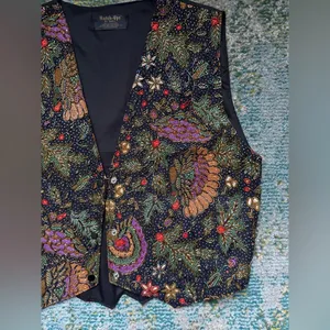 Vintage Match-Ups cotton batik beaded floral black boho vest, size large XL thumbnail 3