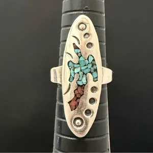 Vintage Sterling Silver Native American Turquoise Coral Chips Peyote Bird Ring 7 thumbnail 6