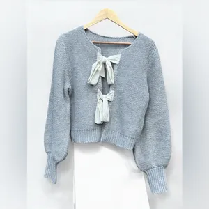 COMMENSE Crew Neck Bow Knit Top Gray Size M thumbnail 3