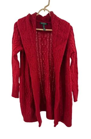Ralph Lauren Red Cable-Knit cowl neck Cardigan S open front wool mohair angora thumbnail 1