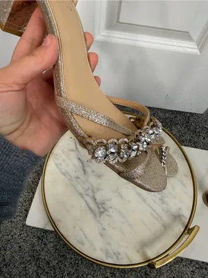 Jewel Badgley Mischka Sz 9W Gold Rhinestone Block Heel Sandals NWOT thumbnail 5