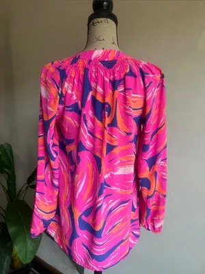 Lilly Pulitzer Elsa Plume Blume Flamingo Silk Long Sleeve Blouse Size Medium thumbnail 10