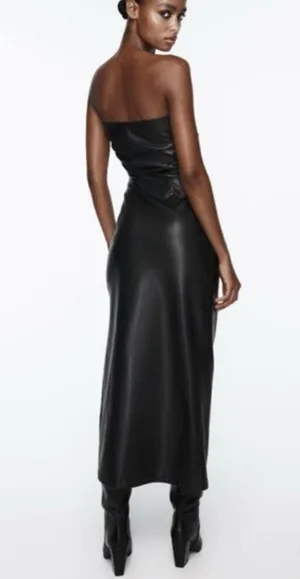 ZARA Faux Leather Strapless Black Dress NWT Size XS Midi Side Slit Zip Slimming thumbnail 5