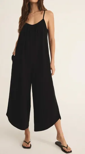 Z Supply Textured Flared Wide Leg Cropped Waistless Jumpsuit Black Medium thumbnail 1