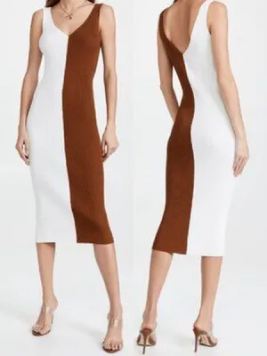 Staud Dana Colorblock Midi Sheath Dress in White and Brown thumbnail 2