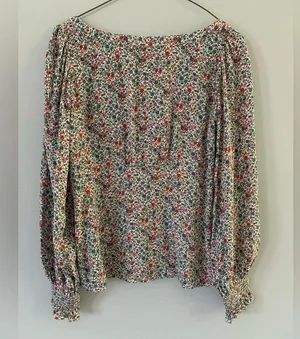 Loft Floral Funky Multi Color Blouse Long Sleeve Top Bell Bottom Sleeves Size S thumbnail 2