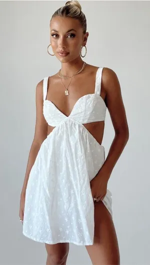 Princess Polly White Khalia Embroidered Side Cutout Cotton Mini Dress thumbnail 1