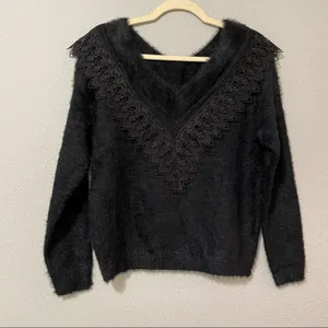 En Crème Black V Neck Lace Collar Fuzzy Sweater Womens S Whimsigoth Witchy thumbnail 6