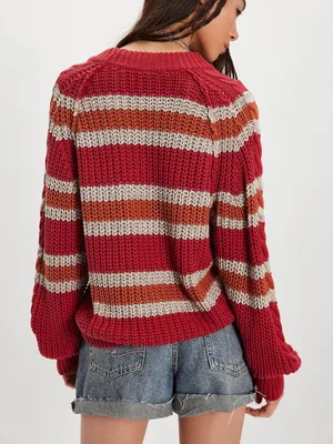 Free People Frankie Striped Cable Knit Sweater - Red Combo Stripes - Large thumbnail 2