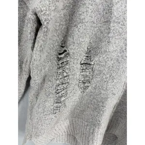 PPLA Womens Sweater Gray Distressed Shredded V-Neck Knit Medium thumbnail 7