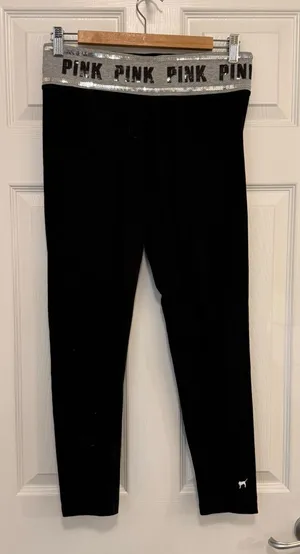 EUG Vintage PINK Victoria's Secret Yoga Leggings with Sequin Logo Waistband thumbnail 1