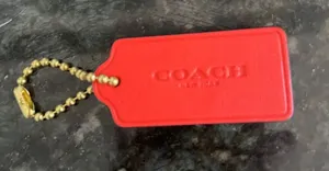 Coach Red Leather Bag Tag with Gold Bead Chain thumbnail 1