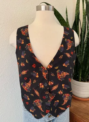 Vintage Harvest Cornucopia Vest Cotton Autumn Thanksgiving teacher medium‎ thumbnail 1