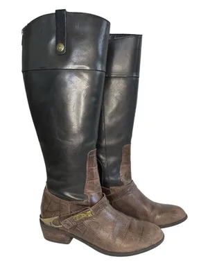 Sam Edelman Juliana Riding Boots Size 8.5M Black Brown‎ Leather Croc Embossed thumbnail 1