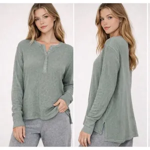 OFFLINE by Aerie Waffle Henley Top Large Sage‎ Green Cotton Thumbholes Oversized thumbnail 2