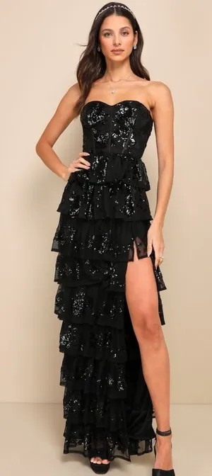 NWT Lulu's Definite Glamour Black Sequin Bustier Maxi Dress size Small thumbnail 1