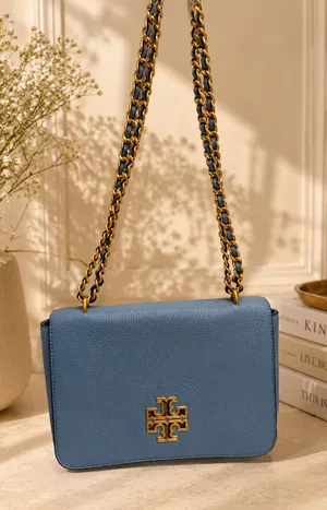 Tory Burch Britten Pebbled Leather Convertible Shoulder Bag Blue Purse EUC thumbnail 1