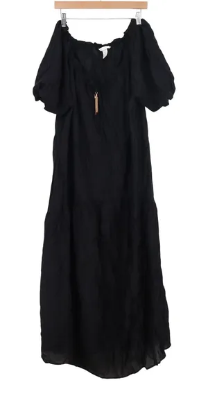 H&M Black Off Shoulder Maxi Dress XL Boho Puff Sleeve Tiered Tassel Tie Neck thumbnail 1