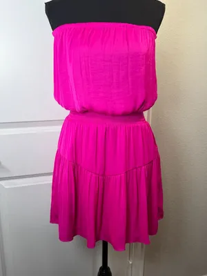 Naked Zebra Hot Pink Strapless Tiered Smocked Mini Dress thumbnail 2