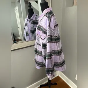 Pol x Anthropologie Purple Fuzzy Plaid Shacket Corduroy Trim Medium. thumbnail 4