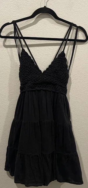 Crochet V-Neck Strap Mini Sun Black Dress thumbnail 1