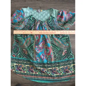 Figueroa & Flower Blue Green Paisley Lace Crochet Bell Sleeve Top 1X thumbnail 5