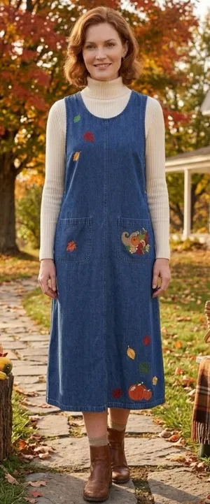 Westbound VTG Denim Jumper midi dress Pumpkin Fall Harvest print Size M Thanksgiving 90's thumbnail 1