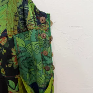 Dungarees L/XL Overalls Green Floral Patchwork Viscose Boho Hippie Stretch Artsy thumbnail 6