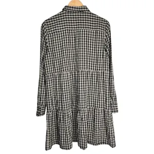 LOFT Womens Black Cream Plaid Tiered Shirt Dress Size M‎ Long Sleeve Gingham thumbnail 2