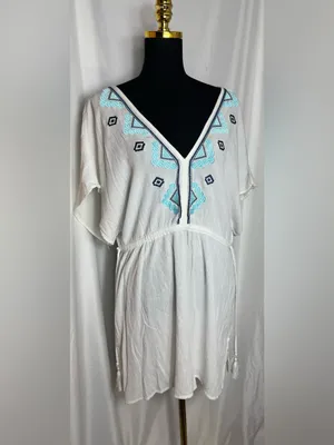 Kona Sol White Embroidered V-Neck Swim beach Cover-Up Tunic Large NWOT thumbnail 3