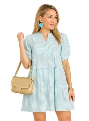 &merci Aqua White Striped Seersucker Tiered Mini Dress S Half Button Puff Sleeve thumbnail 1