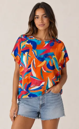 Colorful Abstract Print Blouse Tropical Resort Dopamine Dressing Vacation Top XL thumbnail 1