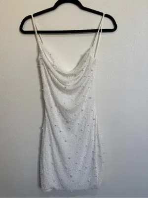 Windsor White Pearl Beaded Cowl Neck Mini Dress Open Back NWT Medium thumbnail 3