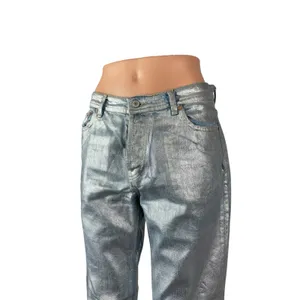 Free People Metallic Silver Raw Frayed Hem Barrel Wide Leg Denim Jeans Pants 26 thumbnail 2