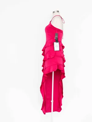 Adrianna Papell - Halter-Neck Ruffled Satin High-Low Gown thumbnail 6