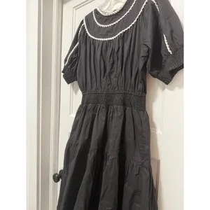 VICI Black Cotton Smocked Waist Crochet Trim Tiered Midi Dress XL RN131468 thumbnail 10