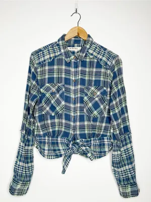 Free People We The Free First Bloom Plaid Tie Front Crop Shirt Blue Size Large thumbnail 2