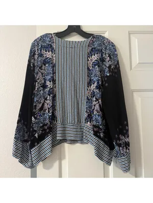 Free People Cropped V Neck Blouse Shirt Printed Floral & Stripes Boho Sz L Large thumbnail 2