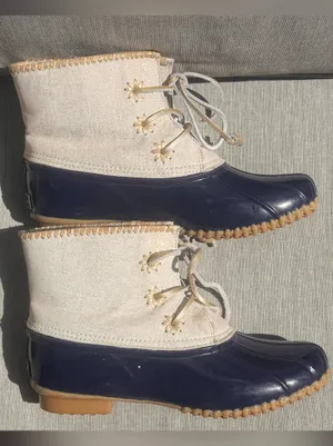 Womens Jack Roger’s Chloe Gold Metallic Cream Leather Navy Rubber Duck Boot Sz 9 thumbnail 4